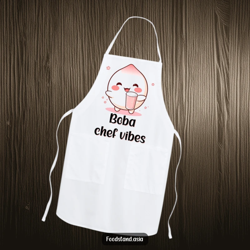 Funny apron featuring a rosy-cheeked mochi character cheerfully bouncing a small boba drink, ideal for adding sweetness to kitchen activities.
