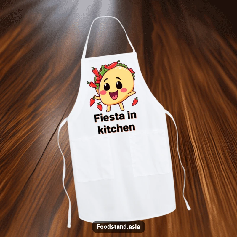 Funny apron featuring a grinning taco character juggling miniature chili peppers, ideal for adding humor to cooking and grilling.