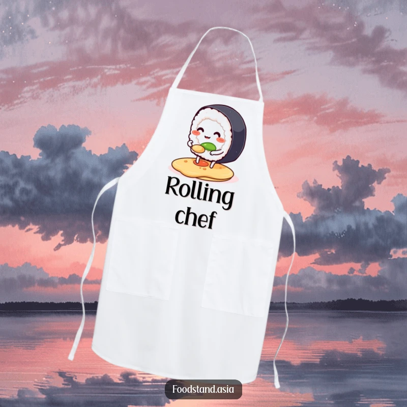 Funny apron with a smiling anthropomorphic sushi roll happily flipping a pancake, adding humor to kitchen activities.