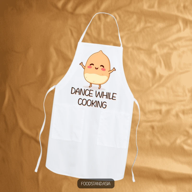 Funny Takoyaki Dance Apron showing a smiling Japanese snack with tiny feet grooving while cooking, ensuring a fun kitchen experience.
