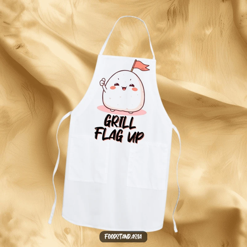 Funny Onigiri Flag Apron showing a giggling rice ball character with tiny arms waving a flag, making kitchen tasks fun.