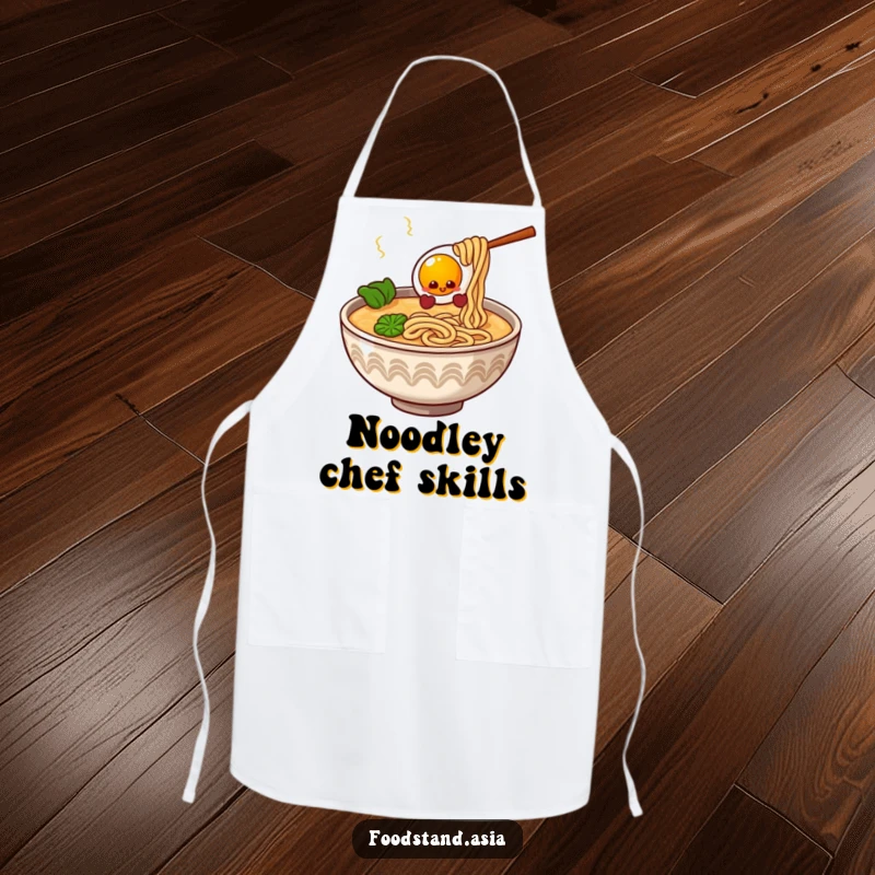 Funny Ramen Bowl Apron with giggling noodles and a bouncy egg, humorous kitchen wear for chefs.