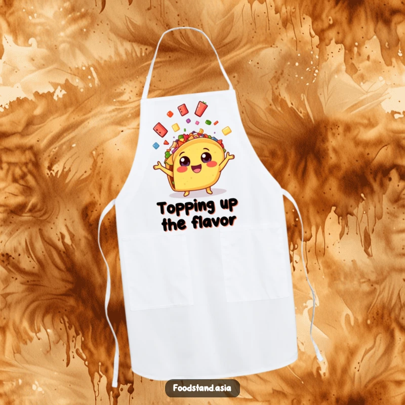 Funny cheerful taco with wide eyes, enthusiastically juggling colorful toppings, a humorous and practical kitchen apron.