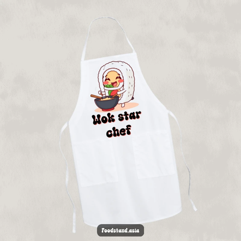 Funny Apron: A cheerful sushi roll character happily stirs a wok, making this apron a humorous and practical kitchen essential.