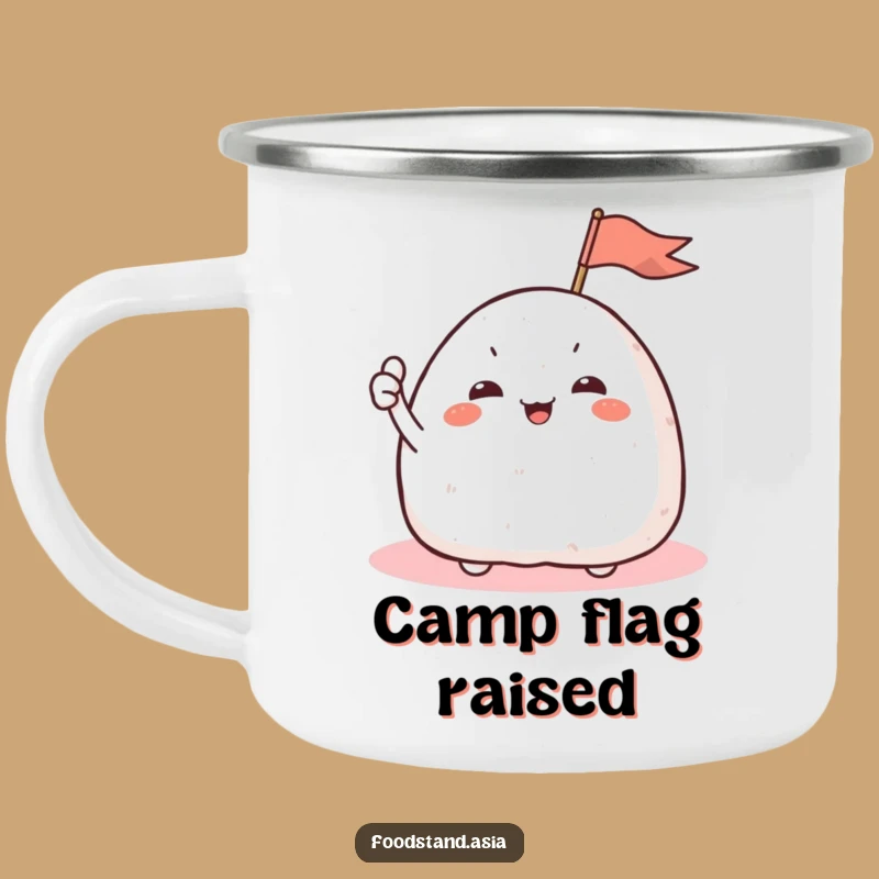 Funny Onigiri Flag Camping Mug: Adventure with Cheer, Hilarious Rice Ball Gift!
