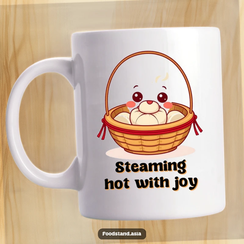 Funny Dim Sum Basket Mug with cheerful eyes offering a tiny steaming bun, a delightful and humorous gift for breakfast lovers.