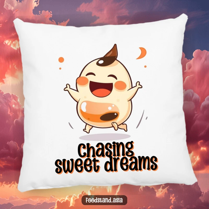 Funny Dumpling Chase Pillow with a laughing dumpling on small feet playfully chasing a soy sauce bottle, offering plush comfort and quirky humor, a lovely funny gift.