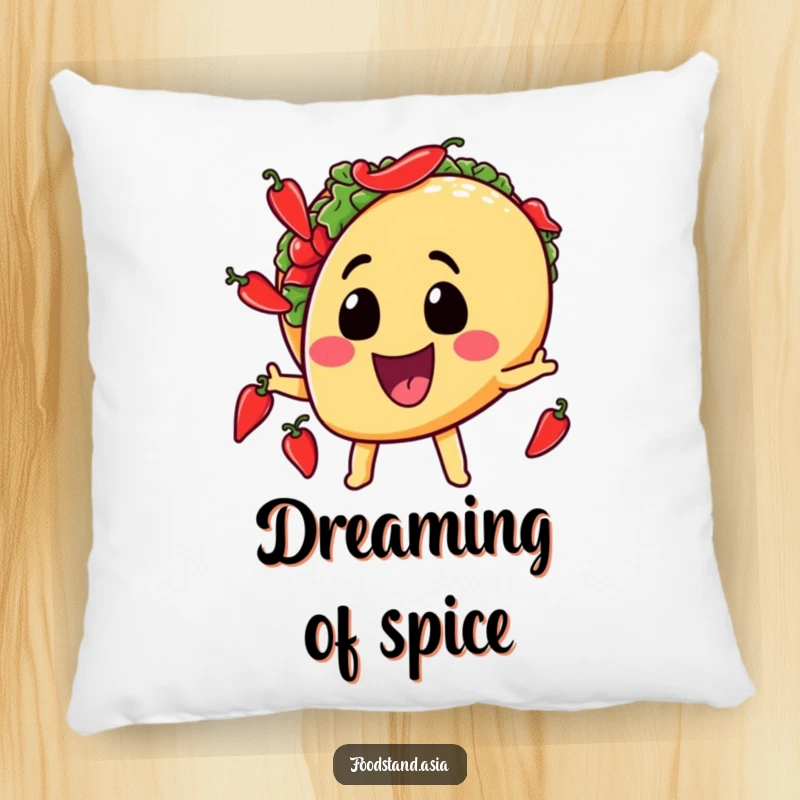 Funny pillow showcasing a smiling taco character juggling small chili peppers, providing cozy, humorous comfort with a spicy twist.