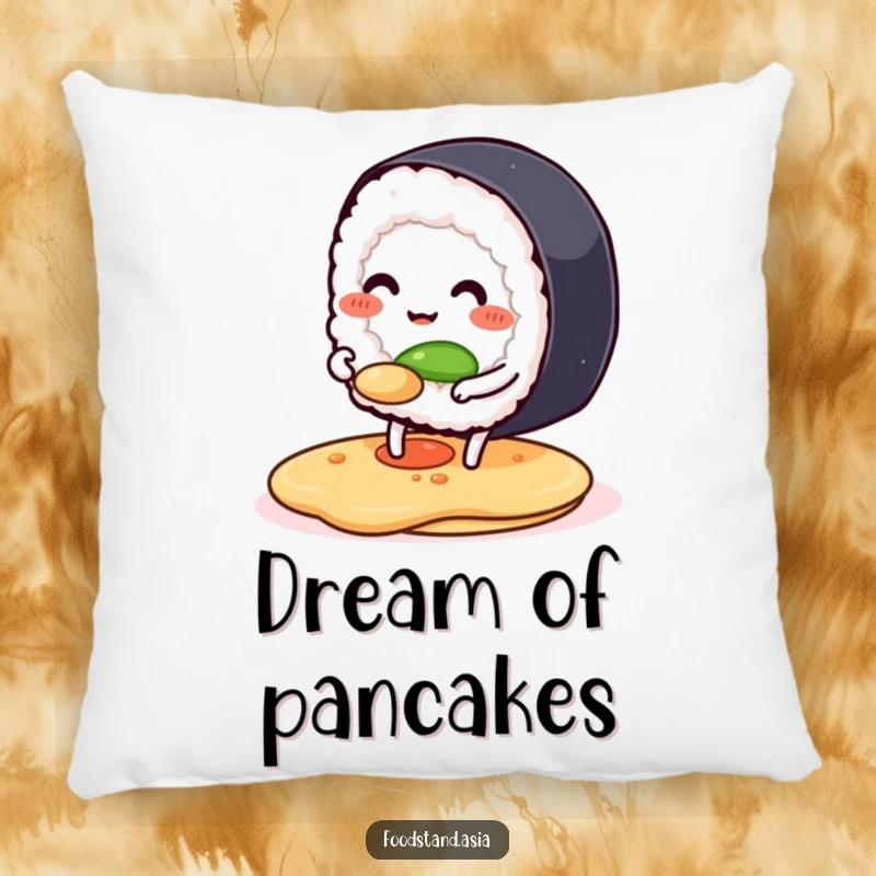 Funny pillow featuring a smiling sushi roll with legs happily flipping a pancake, offering comfort and a humorous accent.