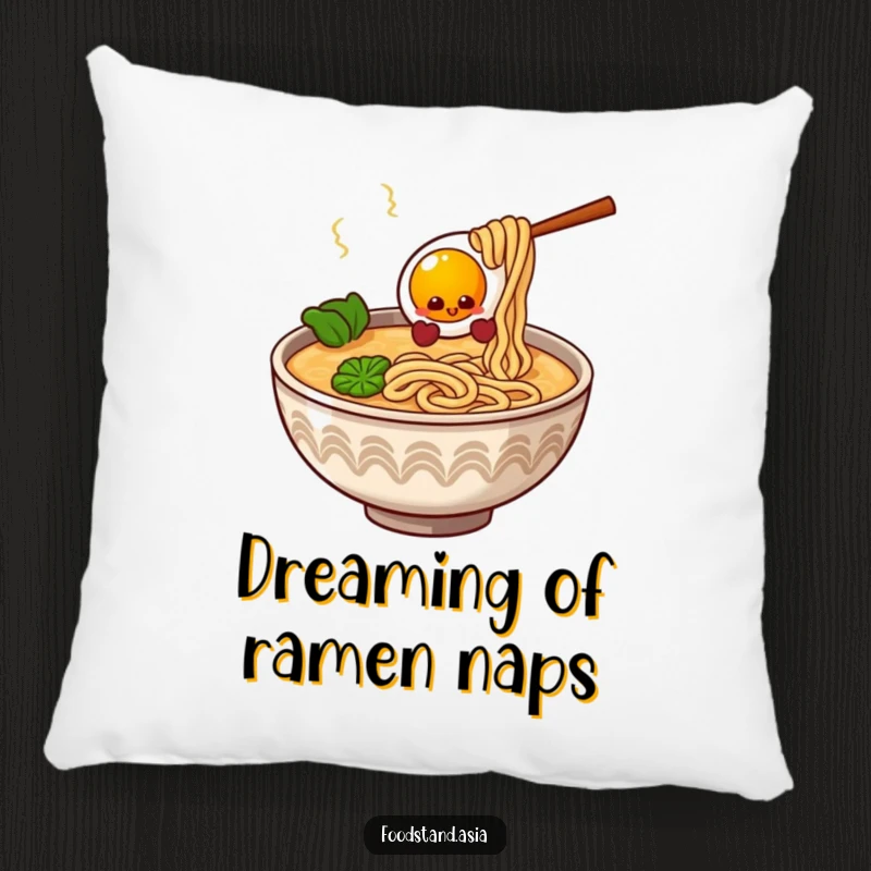 Funny Ramen Bowl Pillow with giggling noodles and a bouncy egg, soft and humorous decor for comfort lovers.