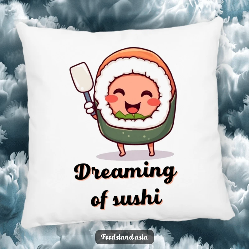 Funny smiling sushi roll with tiny legs, happily wielding a miniature spatula, a soft and humorous decorative pillow.