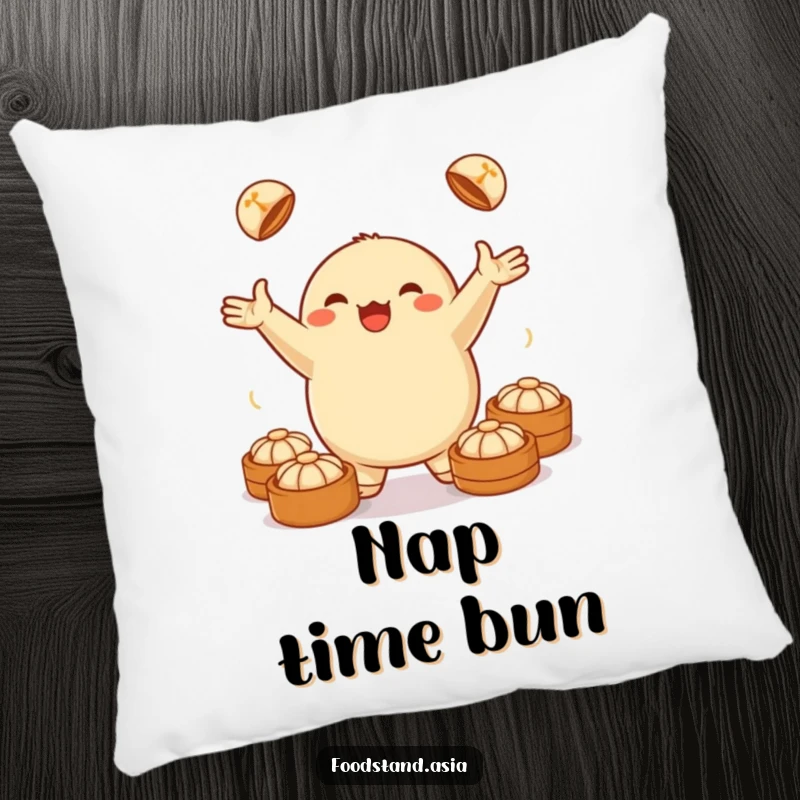 Funny pillow featuring a jubilant dumpling juggling small steamed buns, offering comfort and a humorous accent.