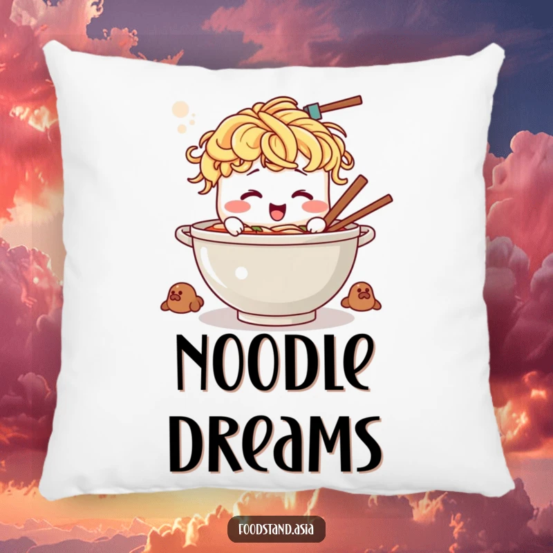 Funny ramen pillow with a happy, giggling noodle-haired bowl character stirring a large, imaginary pot.