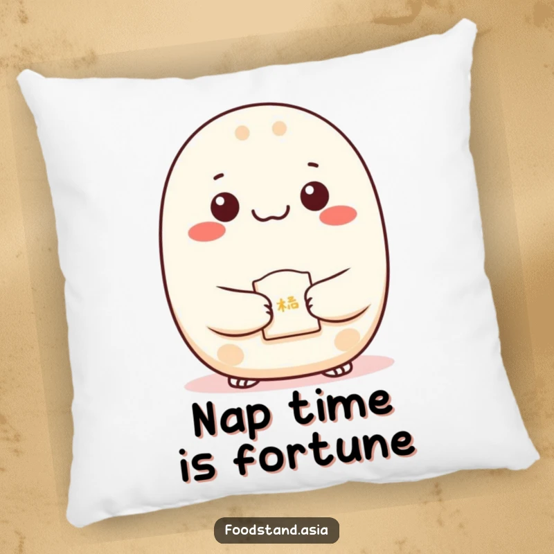 Funny Bao Pillow with dots for eyes presenting a fortune cookie, soft and humorous decor for lucky charm.