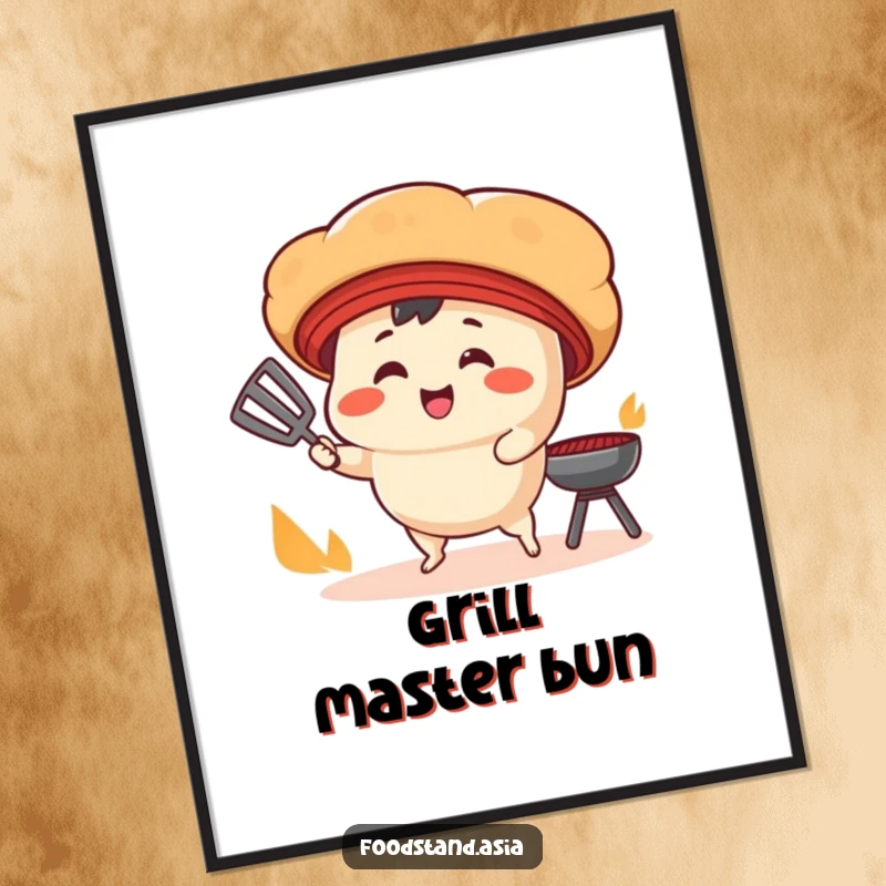 Funny Digital Art Print: A smiling bao bun character with tiny legs fans a cooking grill, creating a humorous and delicious piece.