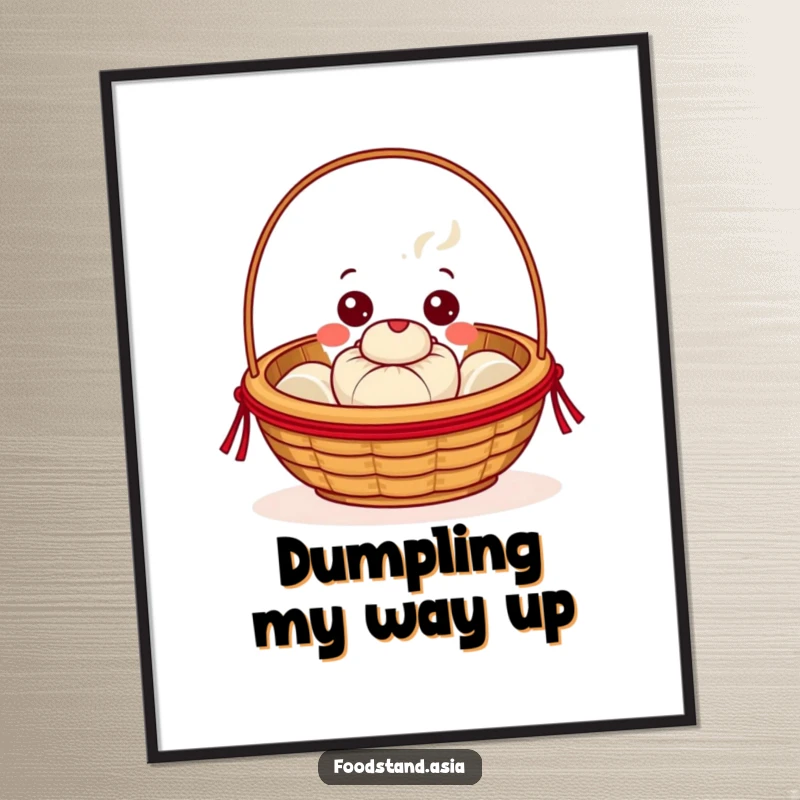 Funny Dim Sum Basket Digital Art Print, a beaming character with cheerful eyes offering a steaming bun, printable humorous decor.