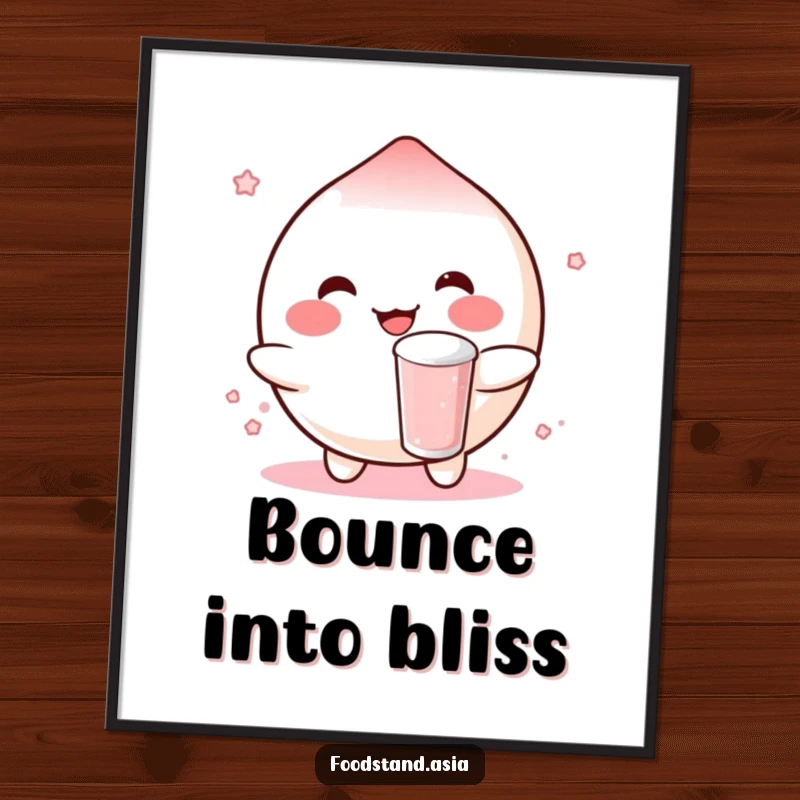 Funny digital art print of a rosy-cheeked mochi character cheerfully bouncing a small boba drink, ideal for adding sweet, cheerful wall decor.