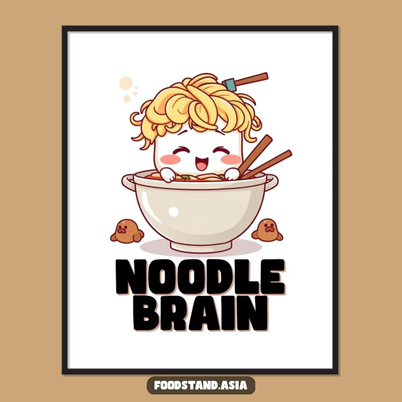 Funny Ramen Digital Art: Giggling Noodle Hair Bowl Print, Instant Joy for Walls