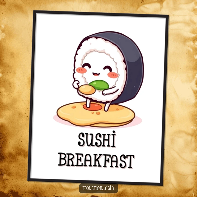 Funny digital art print of a smiling sushi roll with legs flipping a pancake, offering instant humorous culinary decor.