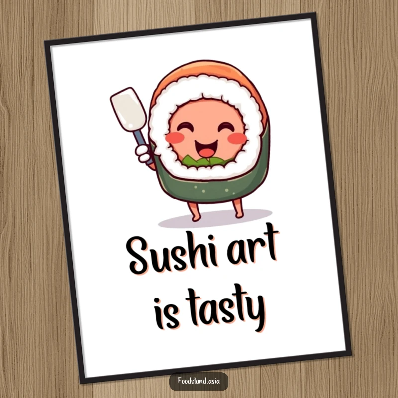 Funny smiling sushi roll with tiny legs, happily wielding a miniature spatula, a humorous digital art print for instant decor.