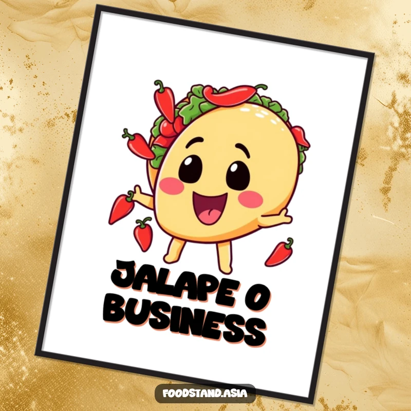 Funny digital art print of a grinning taco character juggling miniature chili peppers, ideal for adding playful, spicy wall decor.