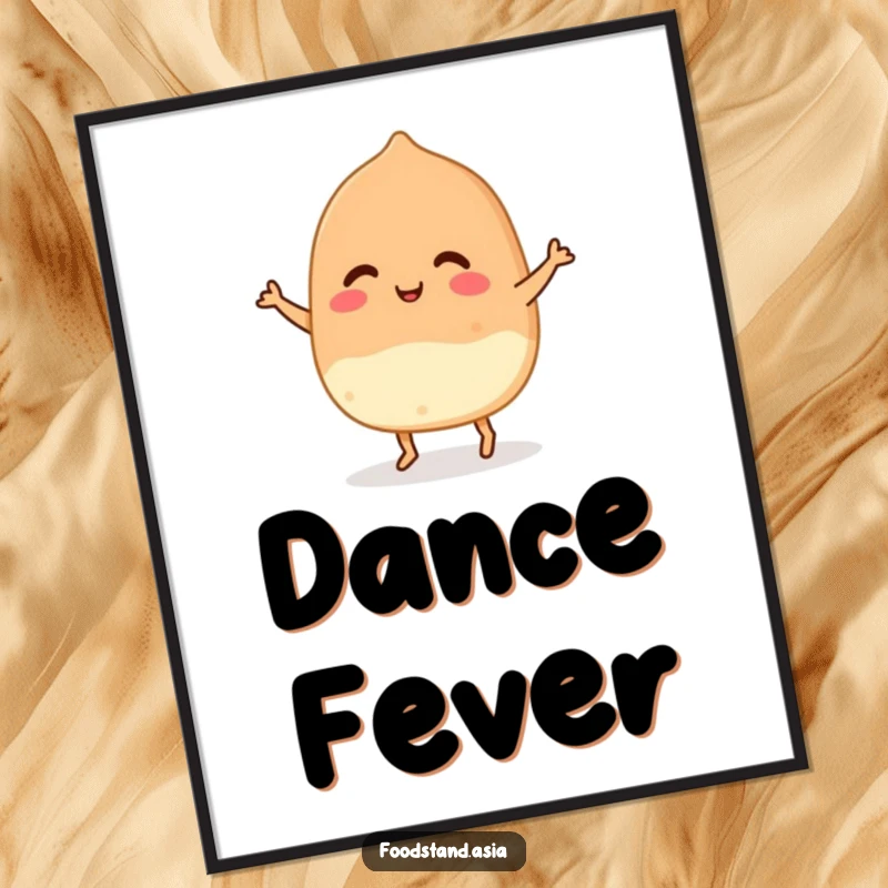 Funny Takoyaki Dance Digital Art showing a smiling Japanese food ball with small feet dancing joyfully, ideal for instant wall decor.