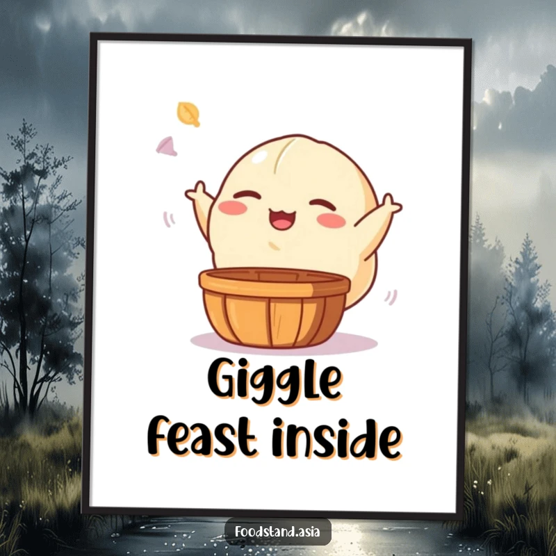 Funny digital art print of a giggling dumpling character playfully tossing a dim sum basket, ideal for adding humorous wall decor.