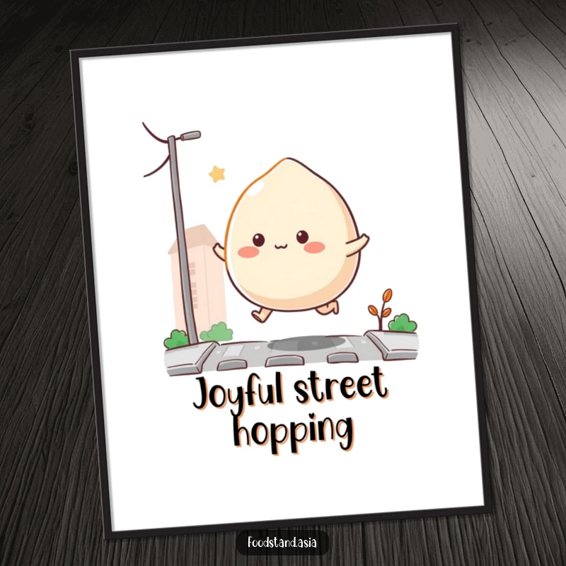 Funny Bouncing Mochi Digital Art Print: a mochi with tiny appendages happily hopping on a street, perfect for instant wall decor and a cute funny gift.
