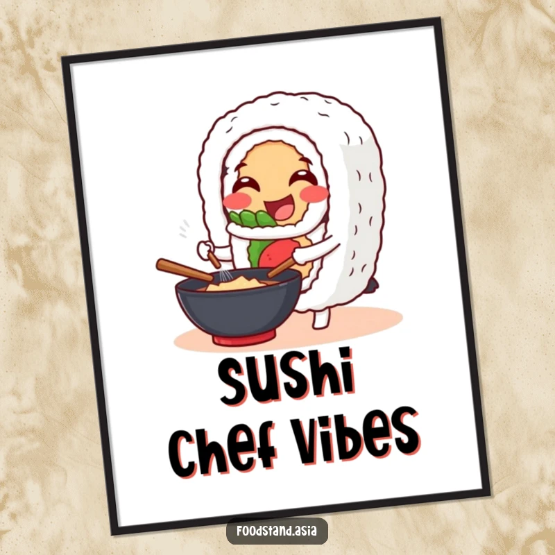 Funny Digital Art Print: A cheerful sushi roll character happily stirs a wok, creating a humorous and delicious piece.