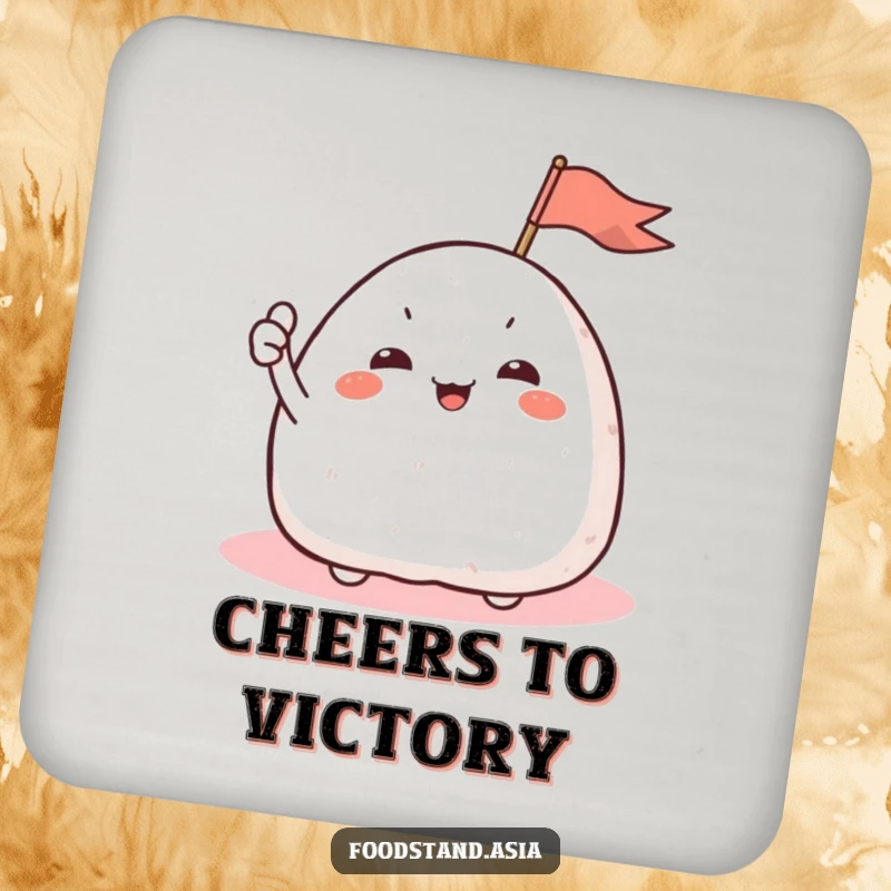 Funny Onigiri Flag Drink Coaster showing a giggling rice ball character with tiny arms waving a flag, safeguarding surfaces.