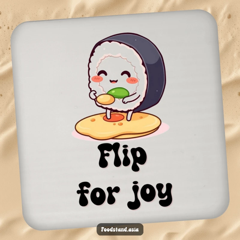 Funny coaster featuring a smiling anthropomorphic sushi roll happily flipping a pancake, protecting surfaces with a humorous food theme.