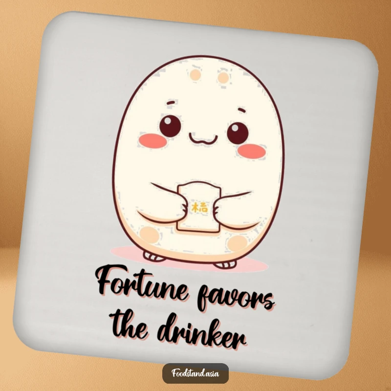 Funny Bao Coaster with dots for eyes presenting a fortune cookie, humorous table protection for home decor.