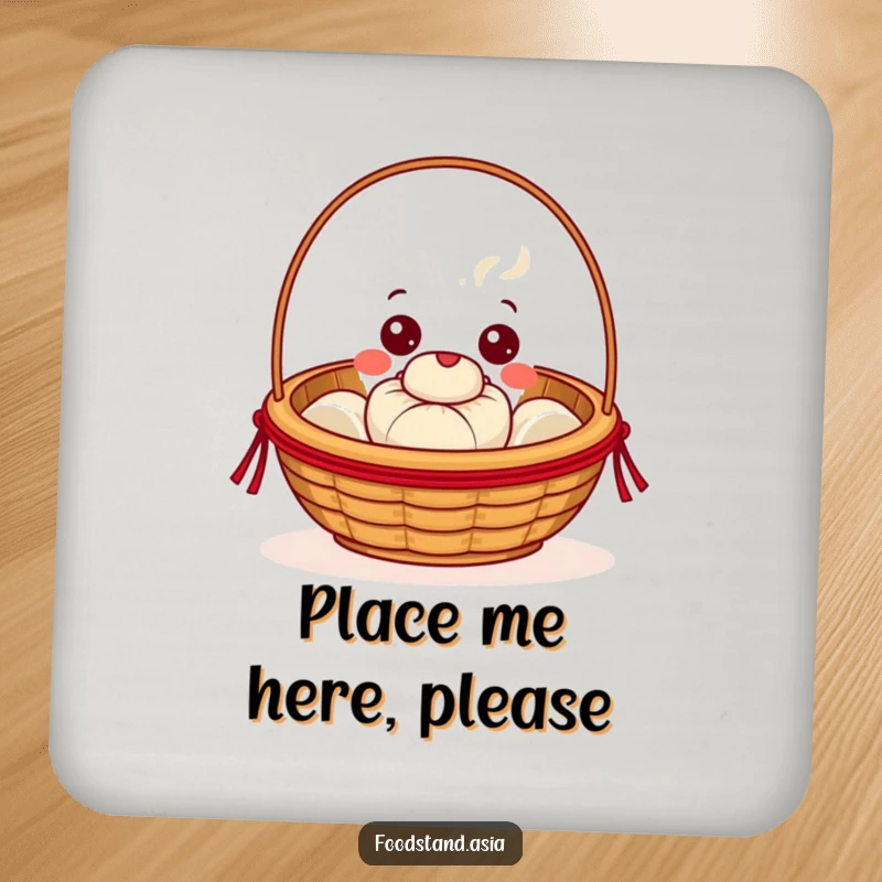Funny Dim Sum Basket Coaster, a beaming character with cheerful eyes offering a steaming bun, humorous table protection.