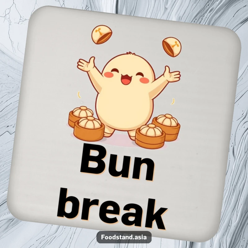 Funny coaster featuring a jubilant anthropomorphic dumpling juggling small steamed buns, protecting surfaces with a humorous food theme.