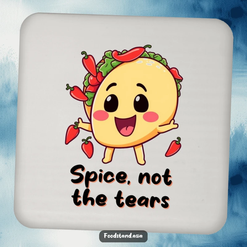 Funny drink coasters featuring a grinning taco character juggling small chili peppers, adding humorous protection to surfaces with a Mexican flair.