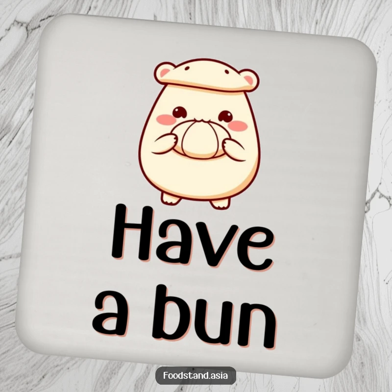 Funny coaster with a happy bao bun character, tiny hands offering a small steamed bun.