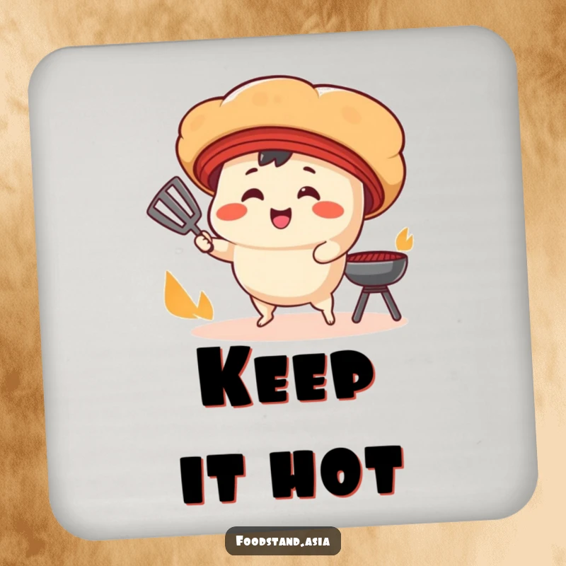 Funny Drink Coaster: A smiling bao bun character with tiny legs fans a cooking grill, adding humorous culinary charm.
