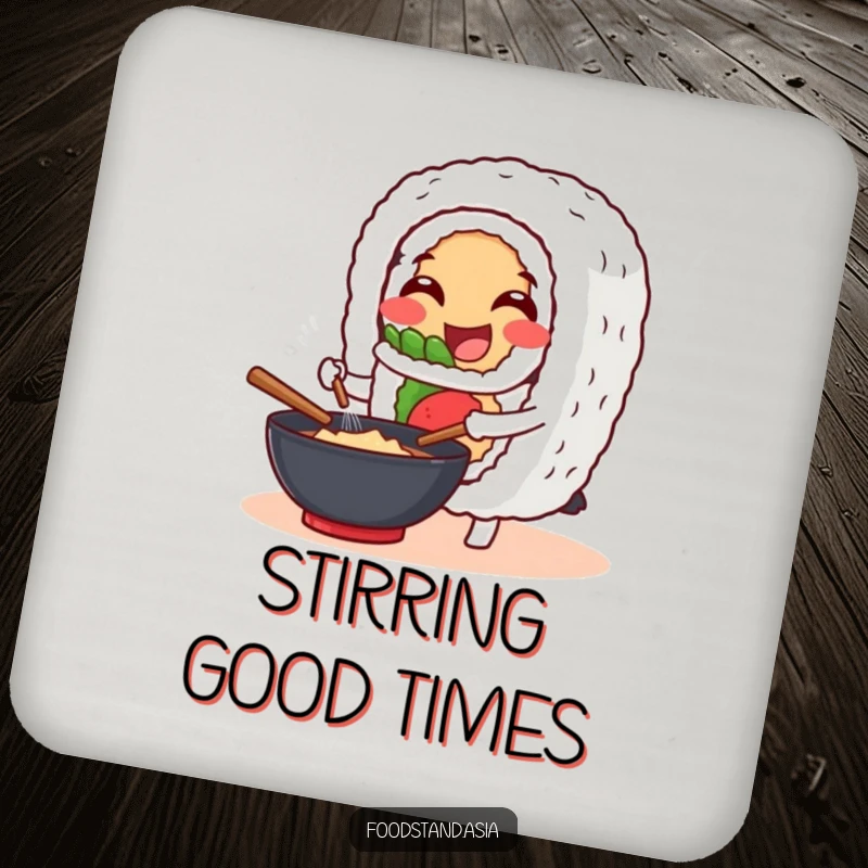 Funny Drink Coaster: A cheerful sushi roll character happily stirs a wok, adding humorous culinary charm.