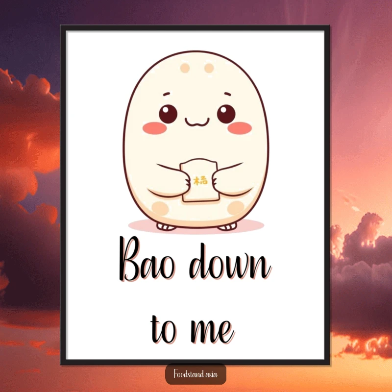 Funny Bao Poster with dots for eyes presenting a fortune cookie, humorous wall art for kitchens and dining areas.