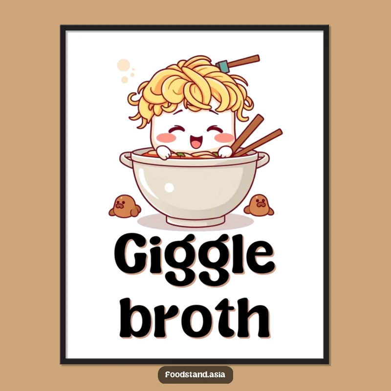 Funny Ramen Poster: Giggling Noodle Hair Bowl Art, Add Laughter to Your Walls