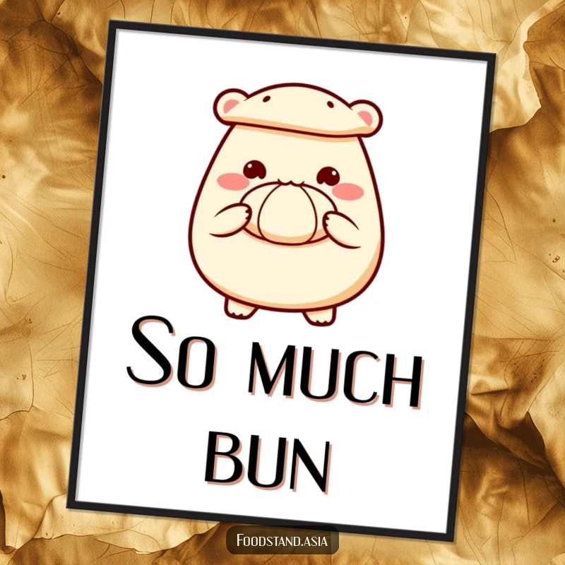 Funny poster artwork of a cheerful bao bun character holding out a small steamed bun with its little hands.