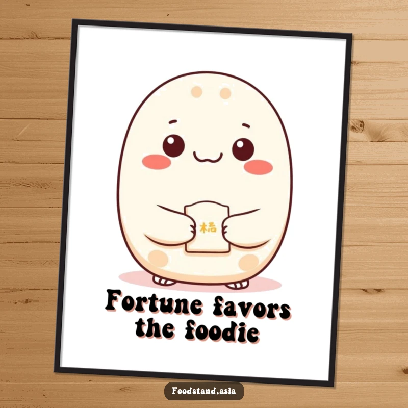 Funny free printable wall art featuring a content bao bun with dot eyes, happily presenting a small fortune cookie.