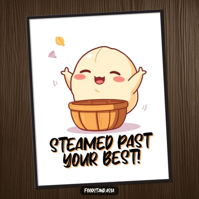 Funny Free Printable Wall Art of a giggling dumpling character with small arms, playfully tossing a dim sum basket.