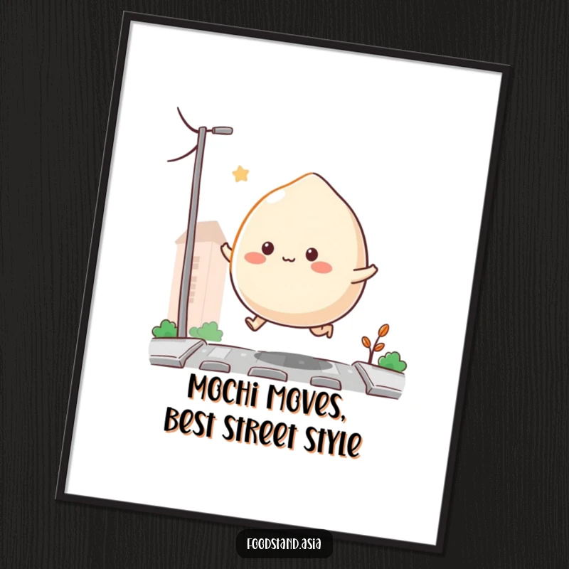 Funny Free Printable Wall Art of a bouncing Mochi with tiny appendages hopping on a street.