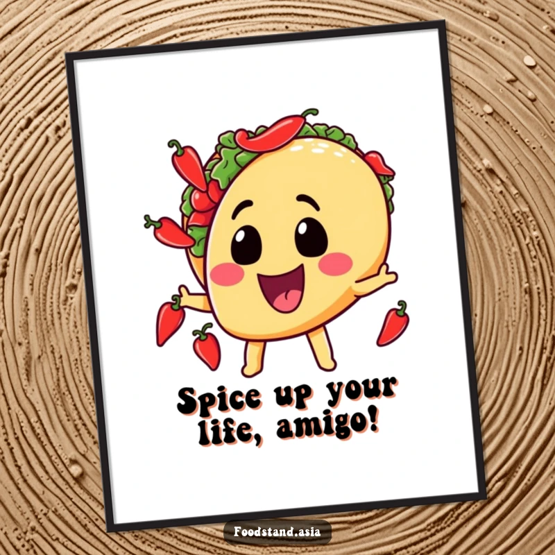 Funny Free Printable Wall Art of a grinning taco character energetically juggling miniature chili peppers with flair.