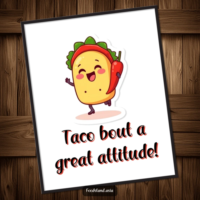 Funny Free Printable Wall Art: Cheerful anthropomorphic taco with little feet, dancing with a chili pepper, vibrant downloadable decor.