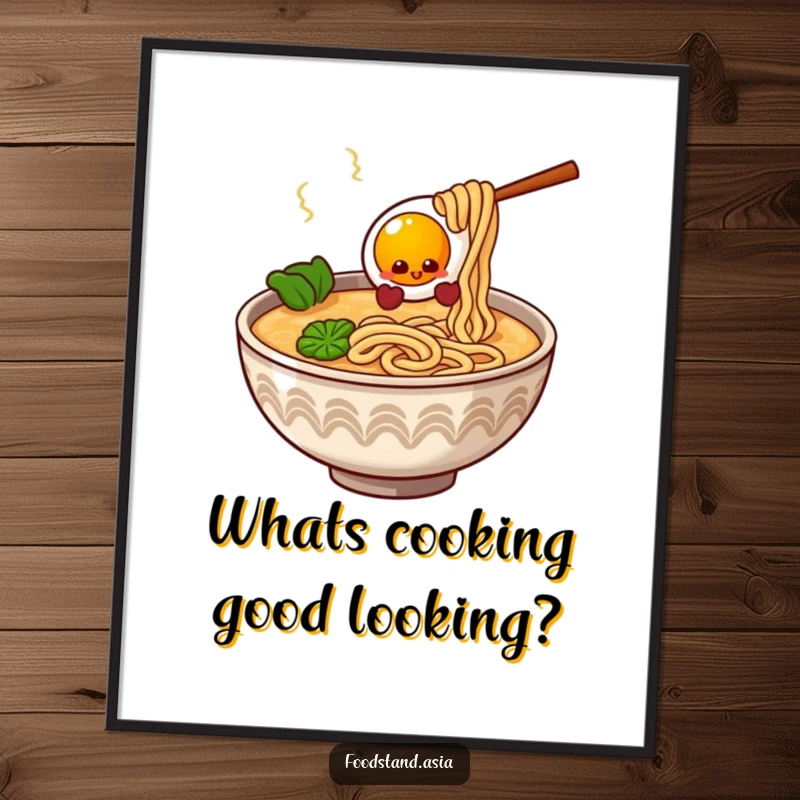 Funny free printable wall art of a giggling ramen bowl with animated noodle strands serving a perfectly cooked egg.