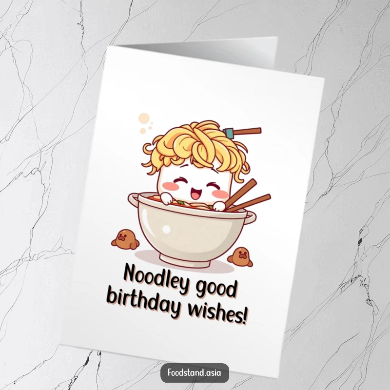 Funny Free Printable Birthday Card: Giggling ramen bowl with noodles for hair stirring a pot of birthday cheer.