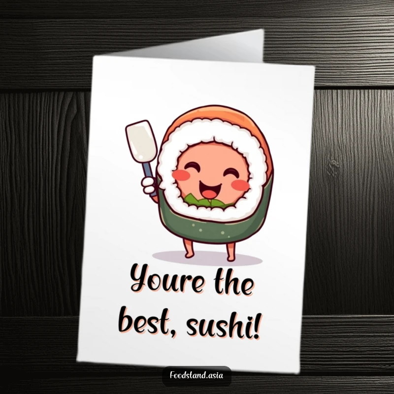 Funny Free Printable Congratulations Card: Smiling sushi roll with tiny legs wielding a miniature spatula, celebrating a delicious victory.