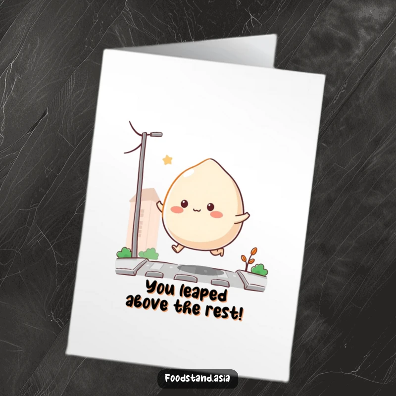 Funny Free Printable Congratulations Card showing a bouncing Mochi with tiny appendages hopping happily.